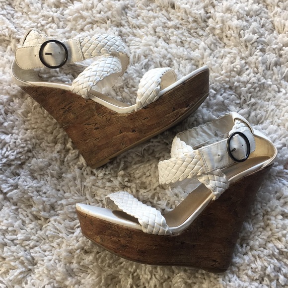 Charlotte Russe Shoes - White Strap Wooden Platform Wedge Heels